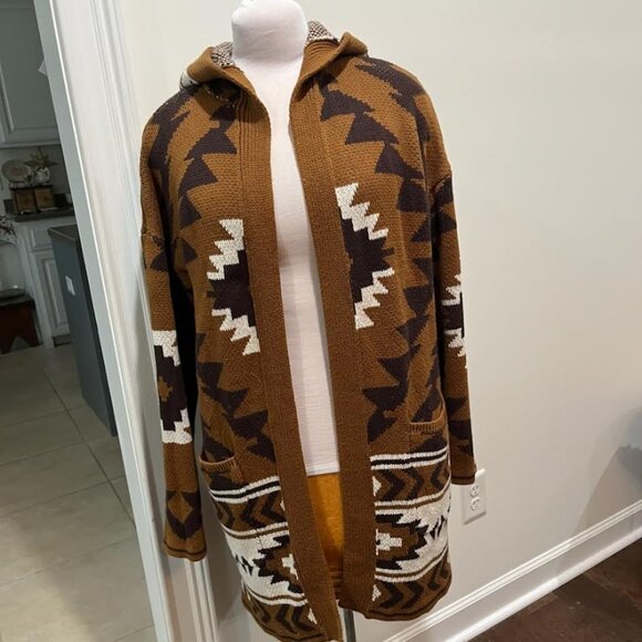 Lucky Brand Sweaters - Lucky Brand Southwestern Aztec Pattern Open Front Cardigan Sz Large Brown Boho